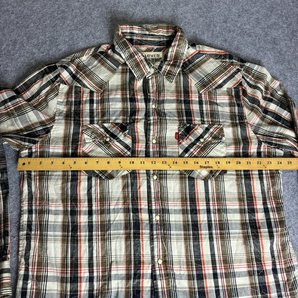 Levis Mens Western Pearl Snap Plaid Shirt Tan Black Red Long Sleeve Regular XL